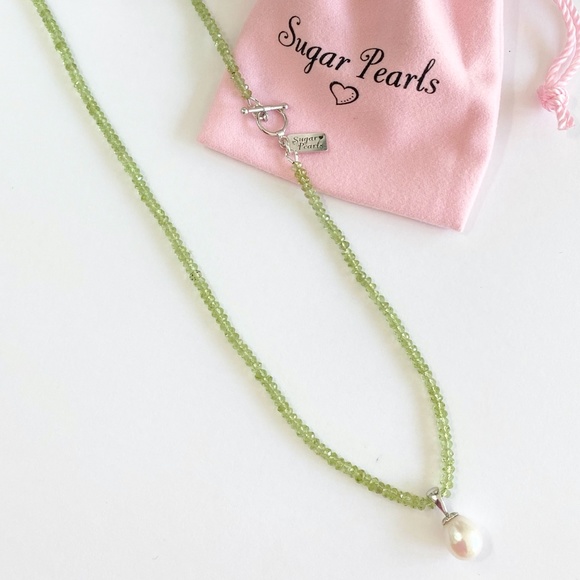 Hand Crafted Jewelry - Green Peridot & 14k White Gold Pearl Pendant Necklace